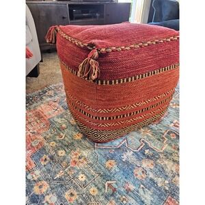 Spurgeon Large Square Upholstered Pouf Ottoman – Boho Woven Red Accent Seat
